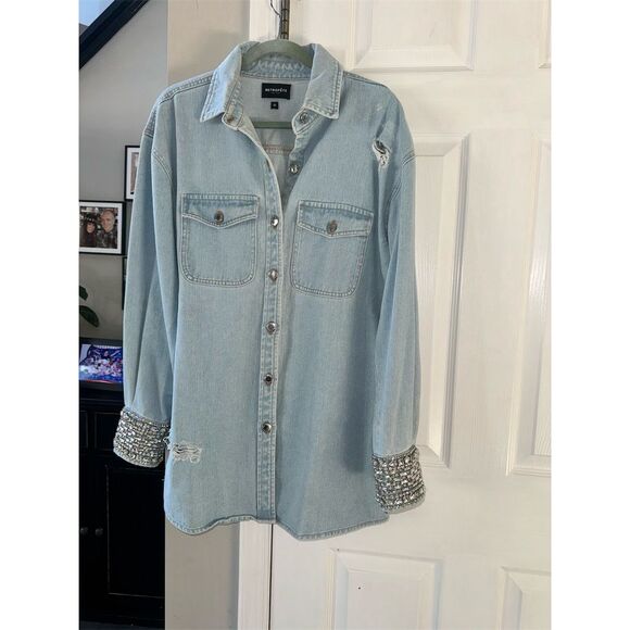 Retrofête Women's M Blue Denim Rhinestone Cuff Button-Up Shirt M - Picture 2 of 14